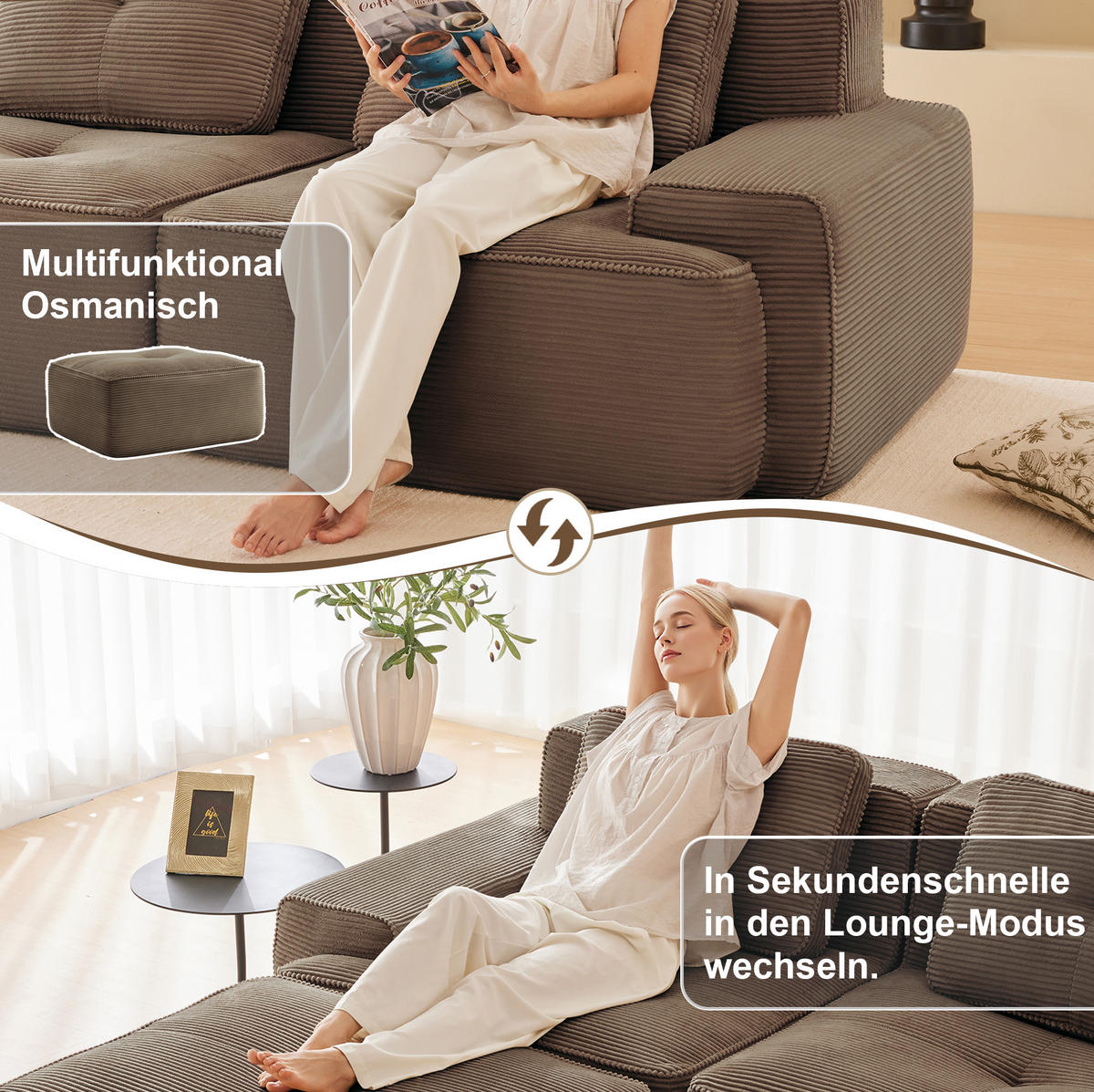 ECKSOFA aus Cord in Braun mit Tiefsitz & flexiblem Moduldesign - Braun, Textil (177/204cm) - Modfu