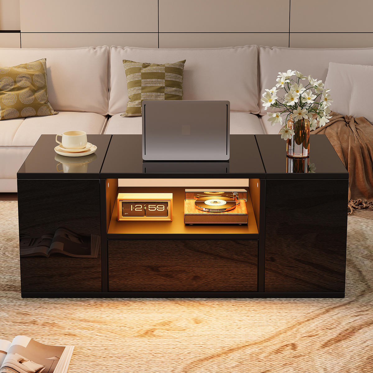COUCHTISCH DE-151 Schwarz mit LED-Beleuchtung und Stauraum - Schwarz, Holzwerkstoff (50/100/40cm) - ComfortXL