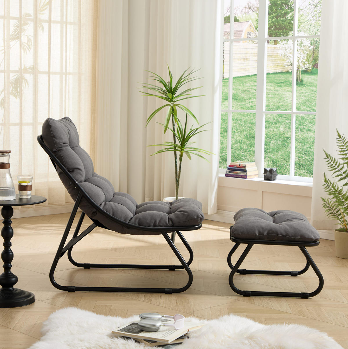 ZAHRADNÍ relaxační křeslo s podnožkou 65/78/86 cm šedočerné z oceli s polštářem - šedá, kov (66/14/82cm) - OKWISH
