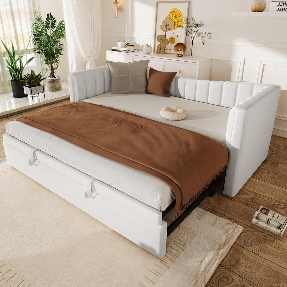 POLSTERBETT 90/200 cm weiß aus Samt mit Ziehbett - Weiß, Textil (180/200cm) - OKMYHOME