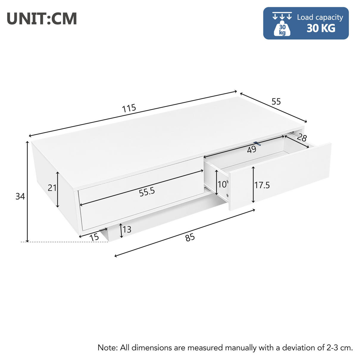 COUCHTISCH 115/55/34 cm weiß hochglänzend mit 2 Schubladen und LED-Beleuchtung - Weiß, Holzwerkstoff (115/55/34cm) - OKWISH