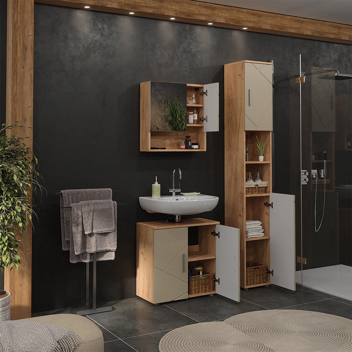 BADMÖBEL-SET Irma Beige 3 Teile - Honigeiche/Beige, Holzwerkstoff (60/59/30cm) - Vicco