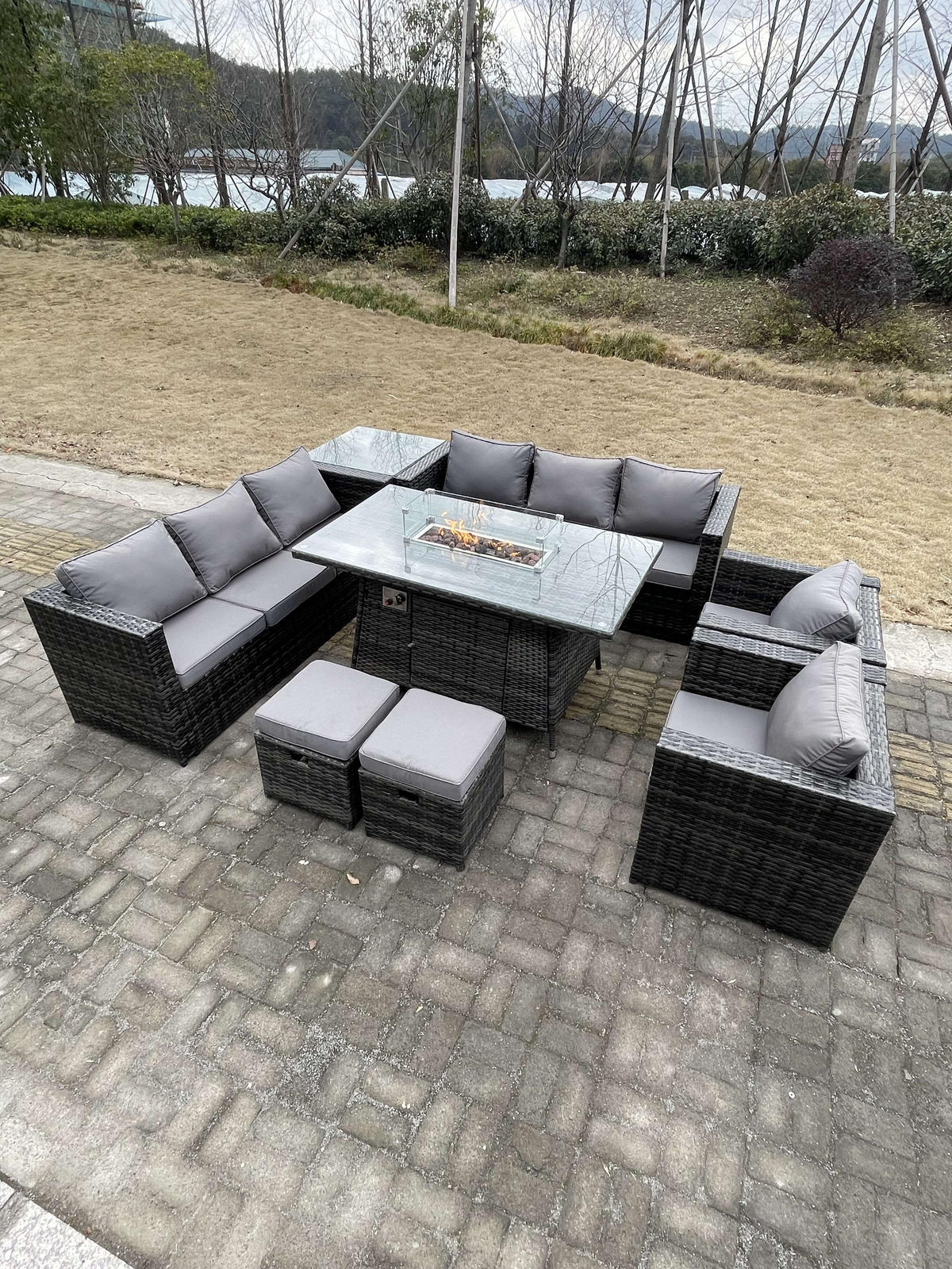 GARTENSET Polyrattan 5-Sitzer - Dunkelgrau/Grau, Glas/Kunststoff - Fimous