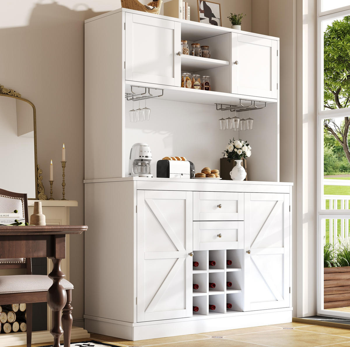 BUFFET 120/40/188 cm Weiß aus MDF mit Weinregal - Weiß, Holzwerkstoff (106/179.5/40cm) - OKWISH