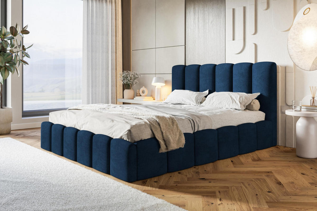 BETT 90x200 - Polsterbett mit Bettkasten und Holzrahmen - Modern Betten - Glatter Kronos-Stoff- Kollektion Lucy - Blau - Blau, Holz/Textil (90/200cm) - Alpi-Möbel