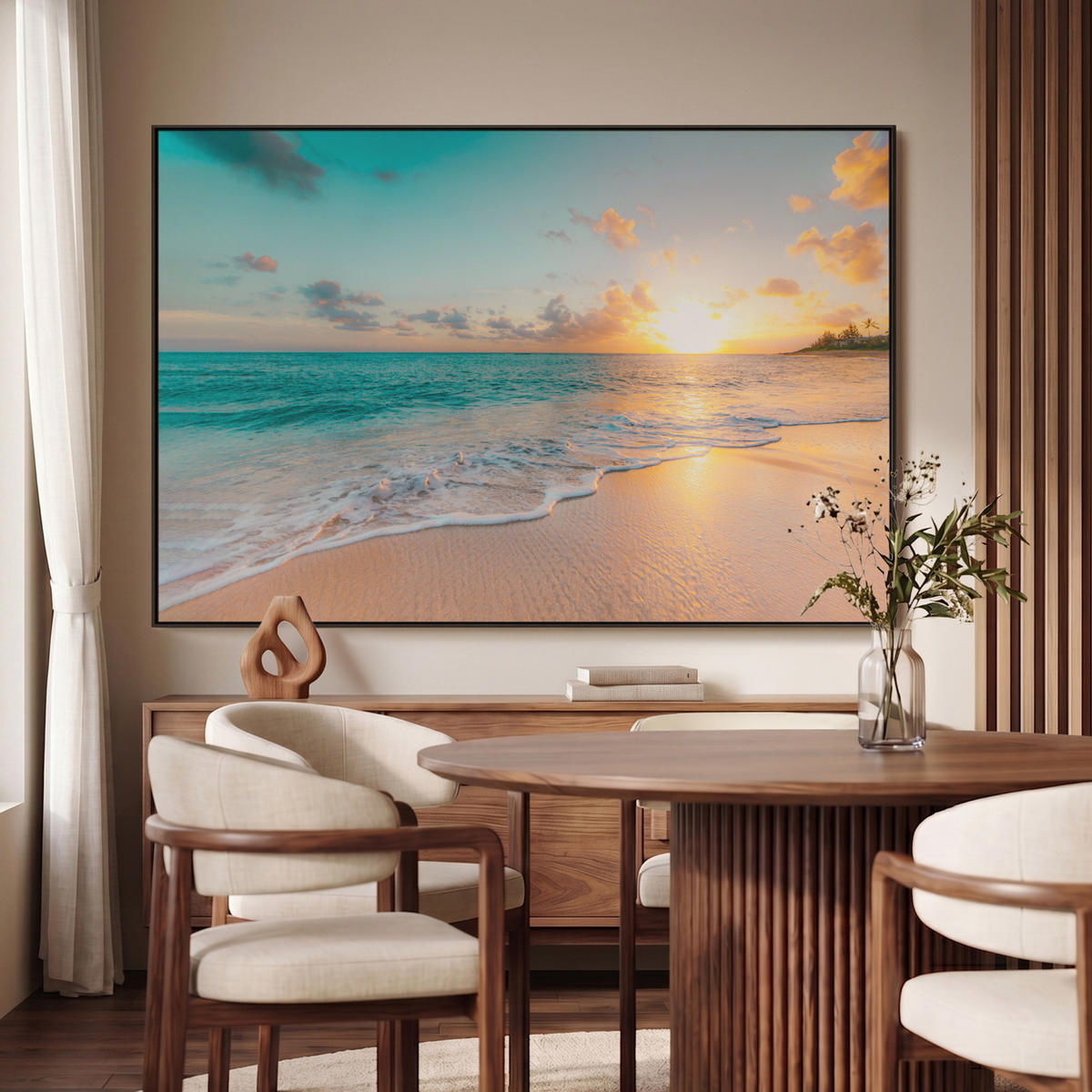 LEINWAND Bilder mit Rahmen - Sonnenuntergang - Strand - Meer - Sommer - Blau - 140x90 - Multicolor, Textil (140/90cm) - MuchoWow