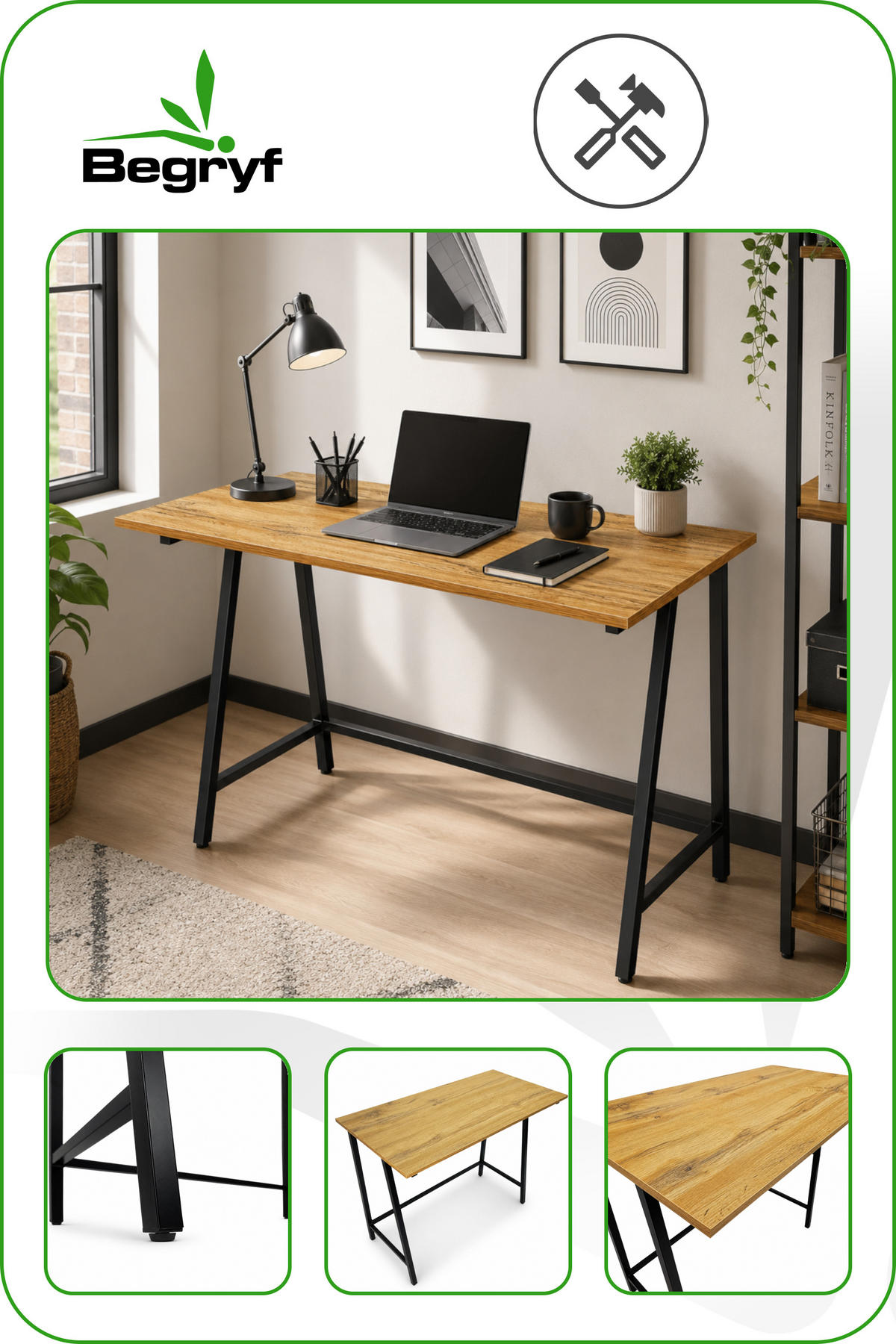 SCHREIBTISCH MDF Metall Eiche Schwarz Industrial 100x50x75 cm - Eichefarben, Holzwerkstoff (50/100/75cm) - Begryf