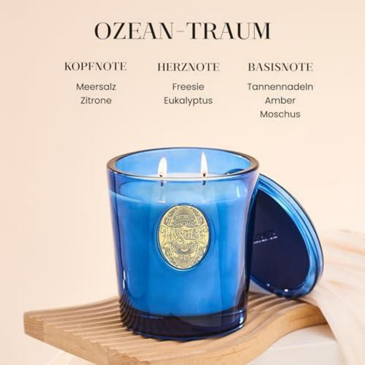 DUFTKERZE Ozean-Traum 560g 2-Docht 110h Brenndauer - Blau, Glas (10cm)