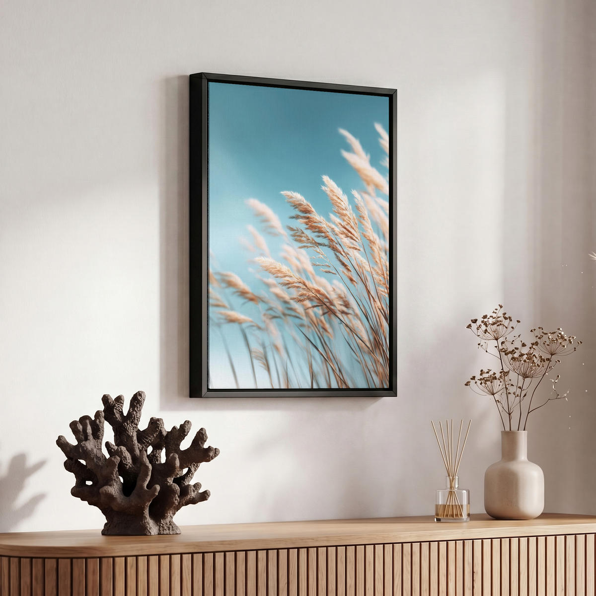 LEINWAND Bilder mit Rahmen - Ziergras - Wind - Hellbraun - 20x30 - Hellblau, Textil (20/30cm) - MuchoWow