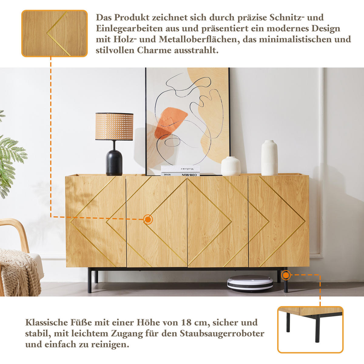 SIDEBOARD 4 Türen, Metall-Inlay, Griffloses Design, Naturholz Vielseitige Kommode & Beistellschrank - Sonoma Eiche, Holzwerkstoff (160/78/40cm) - Urban Meuble