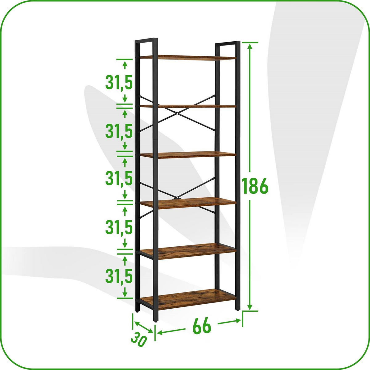 STANDREGAL Holzoptik Metall Dunkelbraun Schwarz 6 Böden 66x30x186 cm - Dunkelbraun/Schwarz, Holzwerkstoff/Metall (30/186/66cm) - Begryf