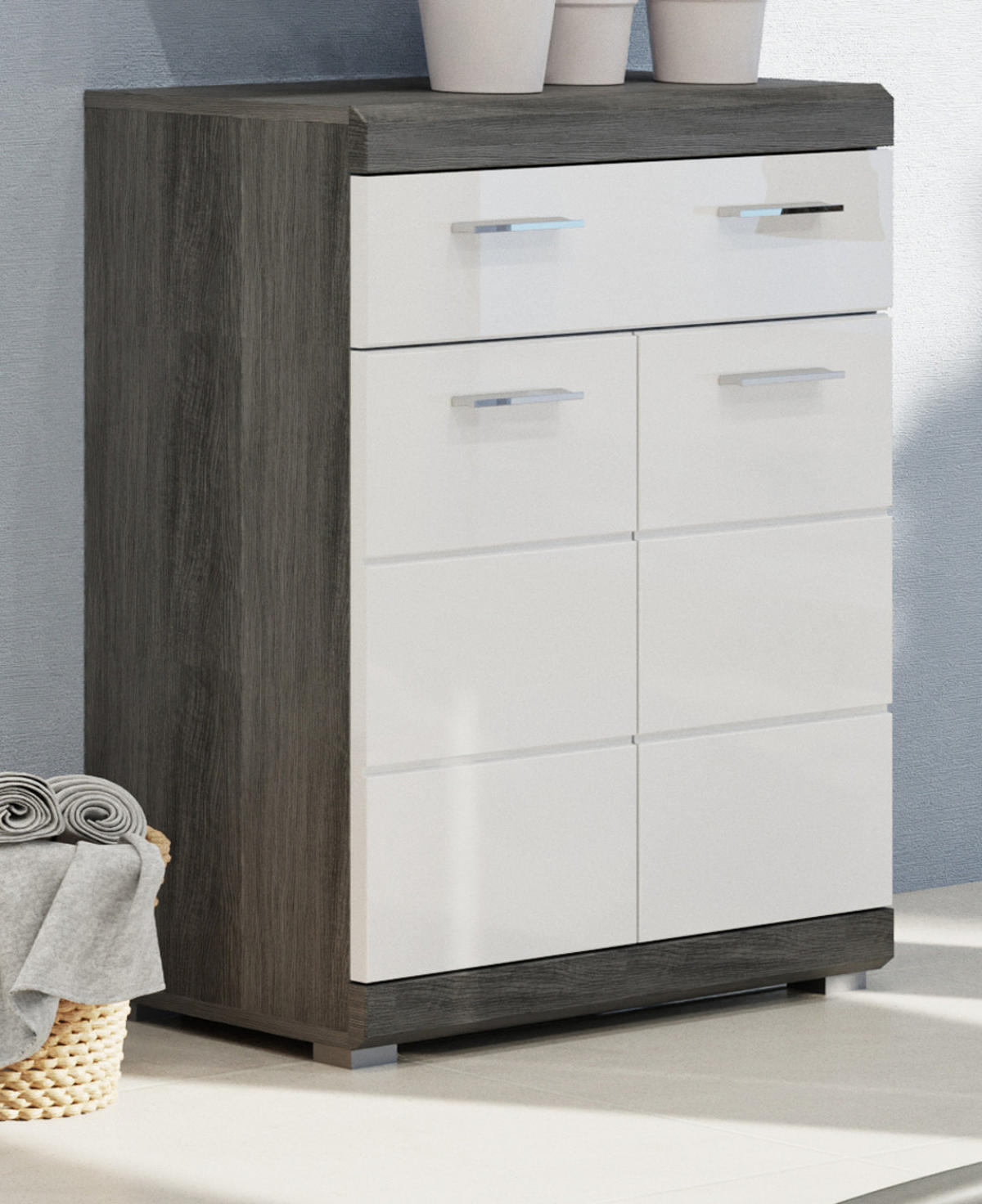 MIDISCHRANK weiß Hochglanz, grau 74 cm, Badkommode mit Schublade - Weiß Hochglanz/Silberfarben, Holzwerkstoff/Kunststoff (74/88/31cm) - Inn.Furn
