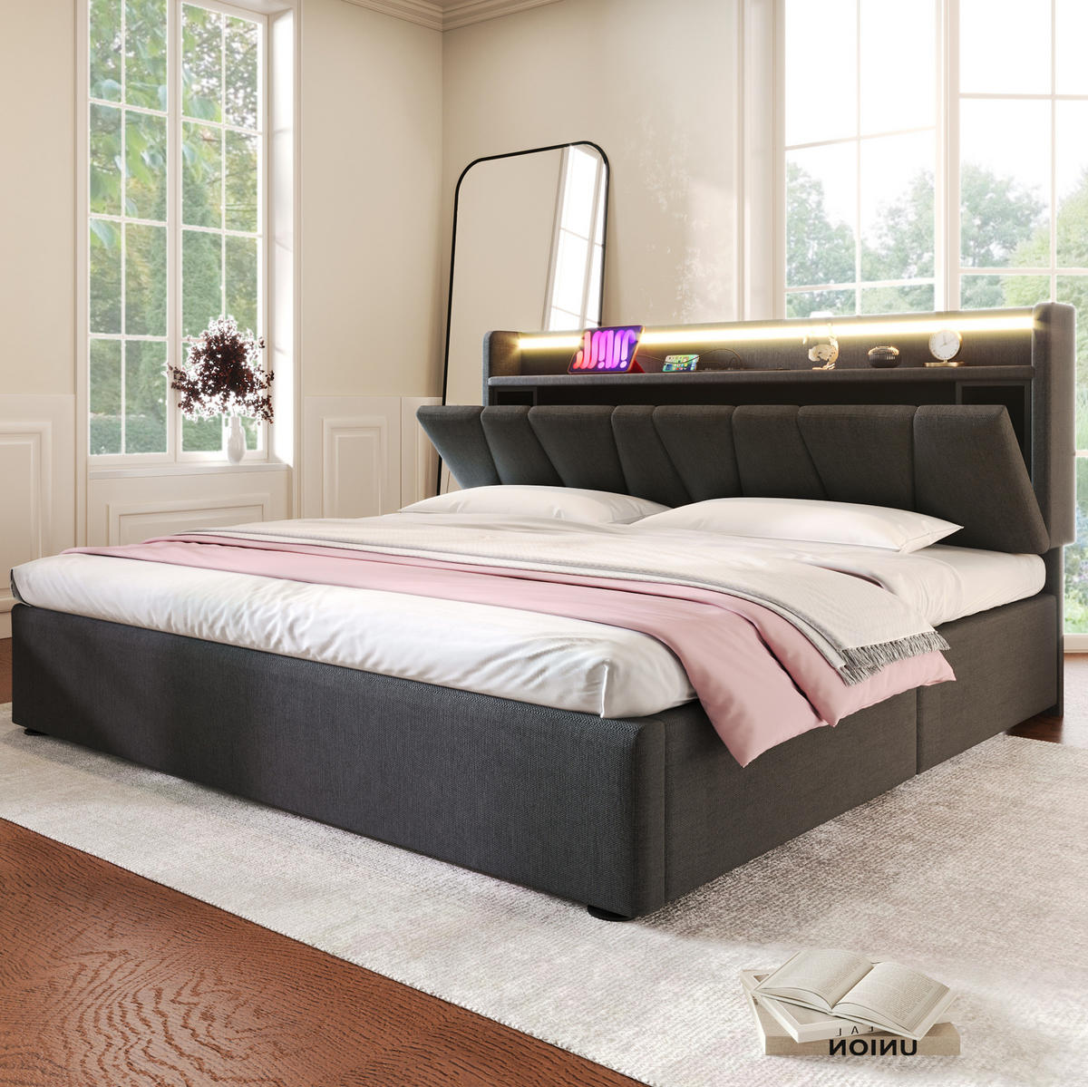 POLSTERBETT mit LED-Beleuchtung 160/200 cm mit Stauraum-Kopfteil & USB - Grau, Textil (160/200cm) - BEAOK