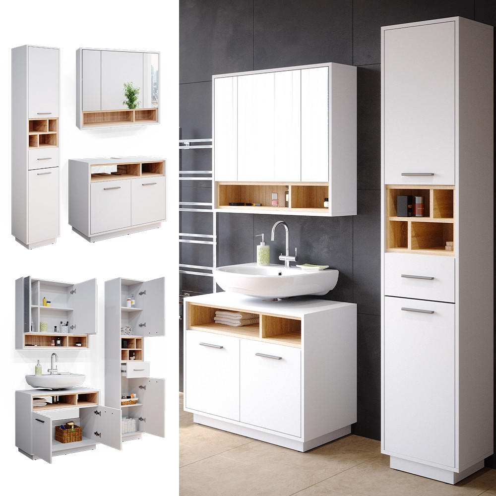 BADMÖBEL-SET Beatrice Weiß 3 Teile, mit Hochschrank - Weiß/Sonoma Eiche, Holzwerkstoff (80/64/40cm) - Vicco