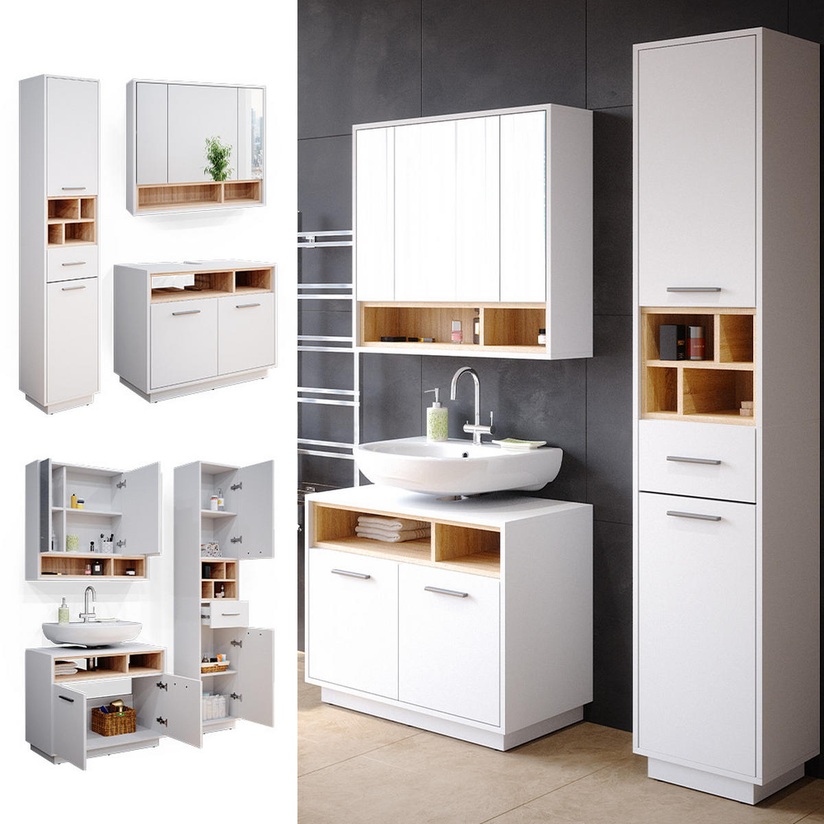 BADMÖBEL-SET Beatrice Weiß 3 Teile, mit Hochschrank - Weiß/Sonoma Eiche, Holzwerkstoff (80/64/40cm) - Vicco