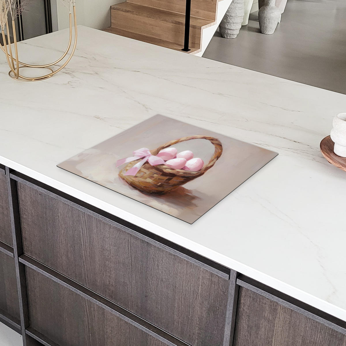 HERDABDECKPLATTE Korb - Eier - Rosa Abdeckung Ceranfeld 58.3x51.3 cm - Beige, Kunststoff (58.3/51.3/0.2cm) - MuchoWow