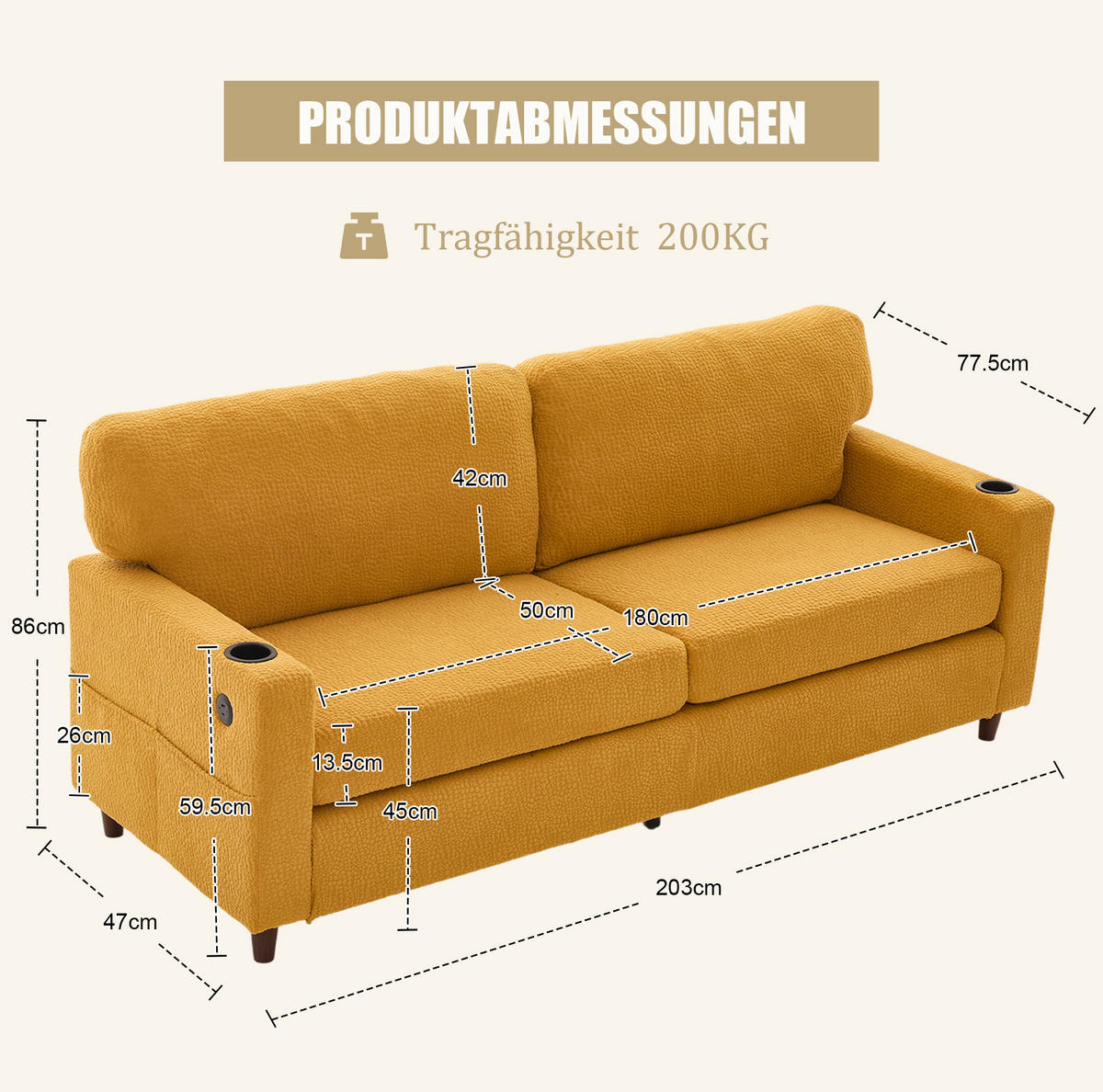 ZWEISITZER Sofa Chenille mit USB-Anschluss und LED Getränkehalter 203/77,5/86 cm Gelb - Gelb, Textil (77.5/86/203cm) - Redom