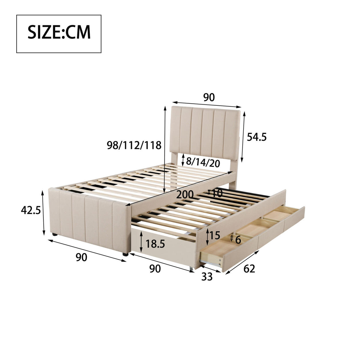 POLSTERBETT 90/200 cm mit Rollbett und 3 Schubladen, höhenverstellbarem Kopfteil - Beige, Textil (90/200cm) - BEAOK