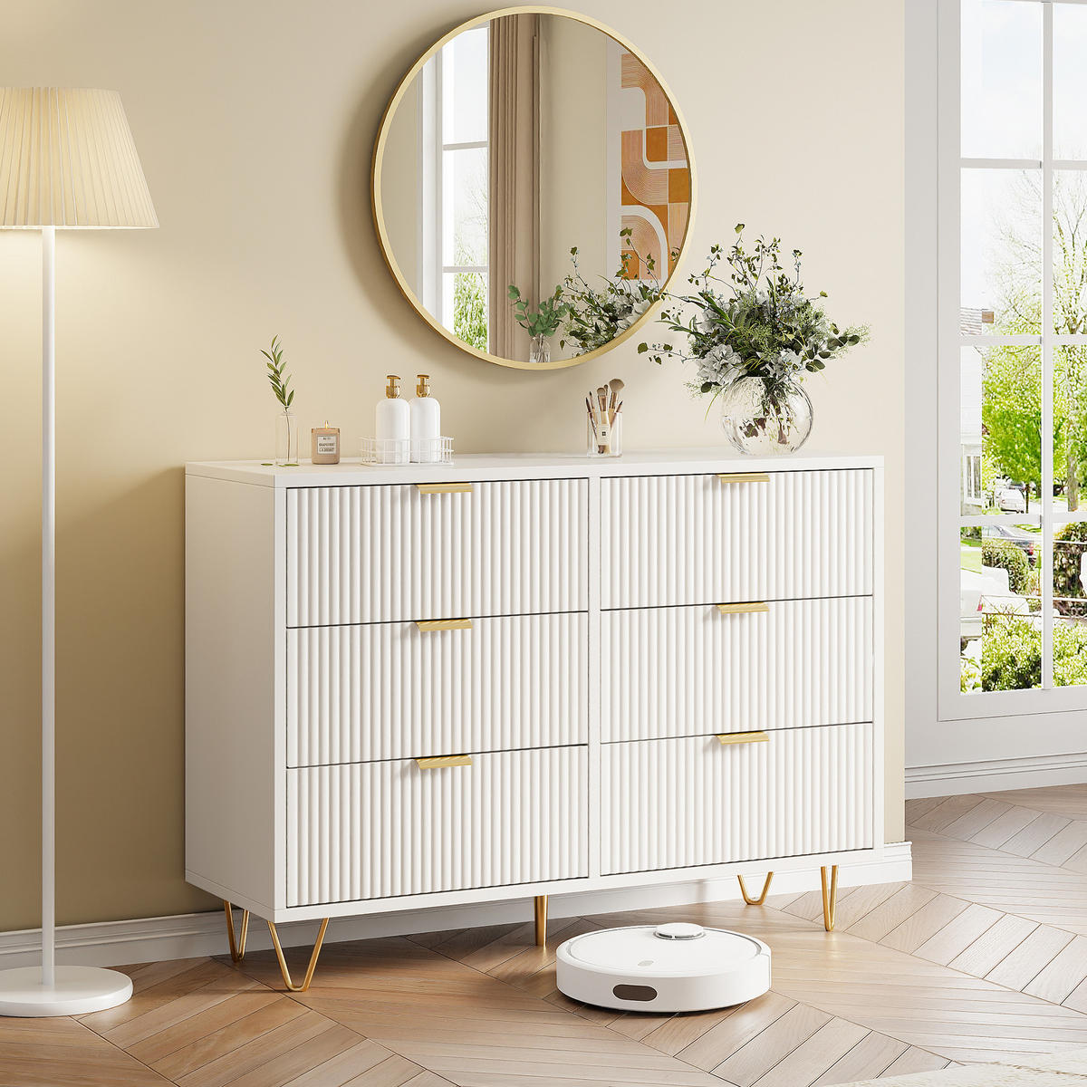 KOMMODE Modern‑Weiß mit vertikalem Rillendesign & goldenen Metallakzenten 34/100/73 cm - Weiß, Holz (100/73/34cm) - Joyfair