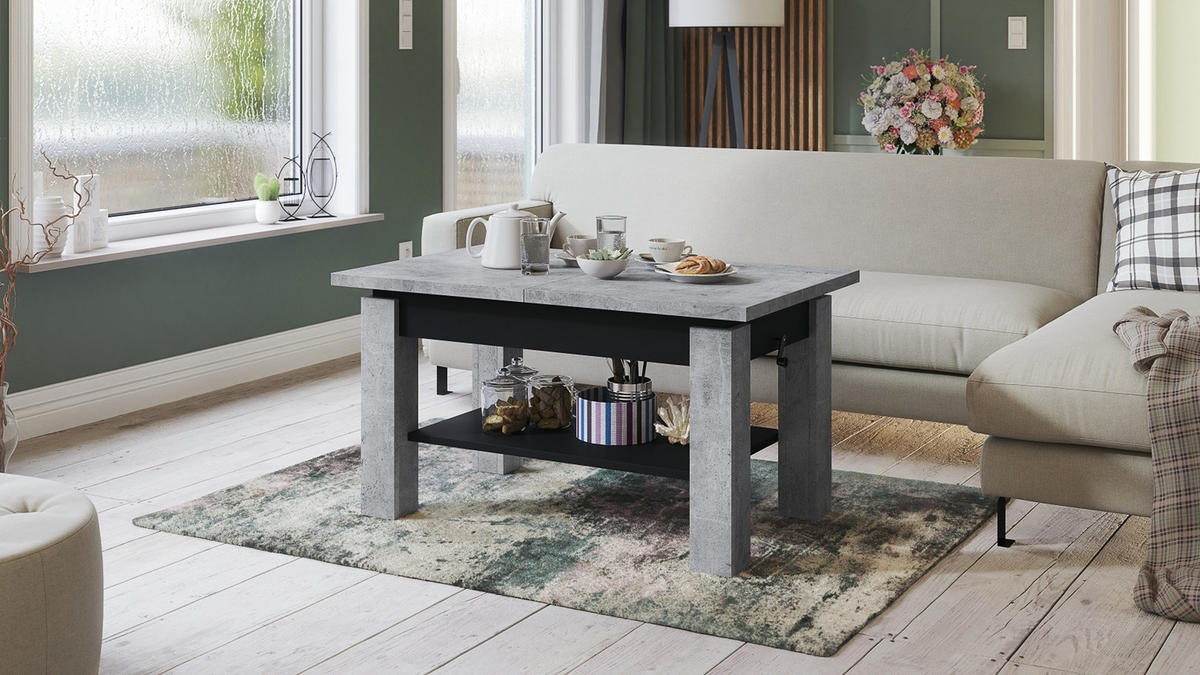 COUCHTISCH rechteckig Beton - Schwarz ausziehbar höhenverstellbar - Hellgrau/Schwarz, Holzwerkstoff (68/110/59cm) - designimpex