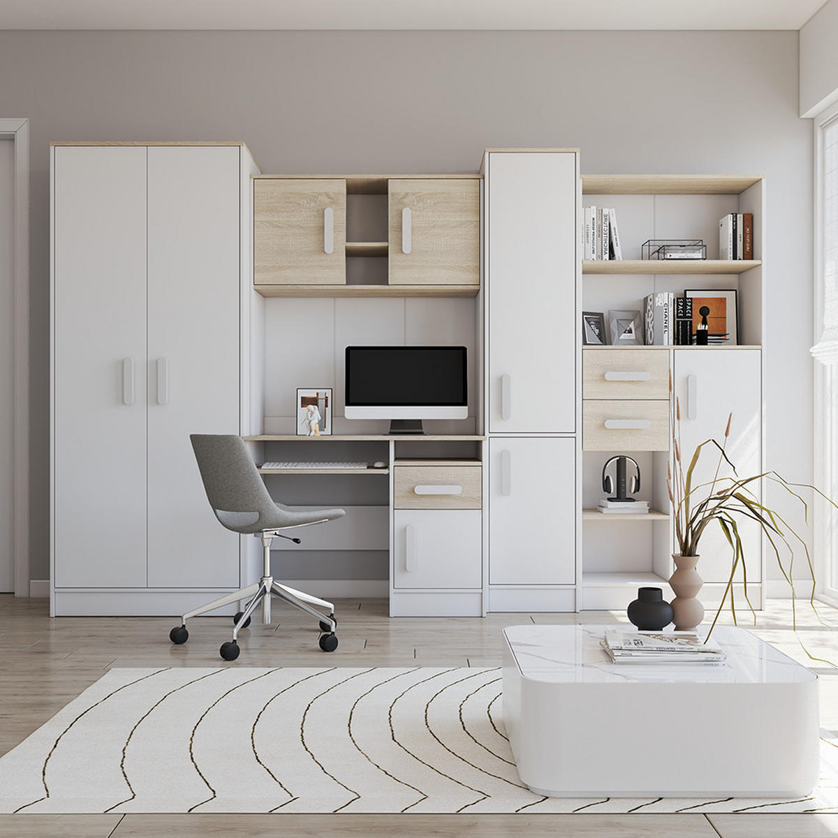 WOHNWAND Markus Weiß Sonoma Eiche mit griffenfarbe: Weiß - Pink/Weiß, Holzwerkstoff (300/197/52cm) - imoebel24