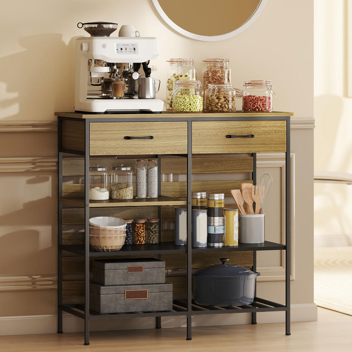 SIDEBOARD DE-11223 2 Schubladen & 3 offene Fächer Naturholz/Schwarz - Naturfarben, Holzwerkstoff (90/91/40cm) - ComfortXL