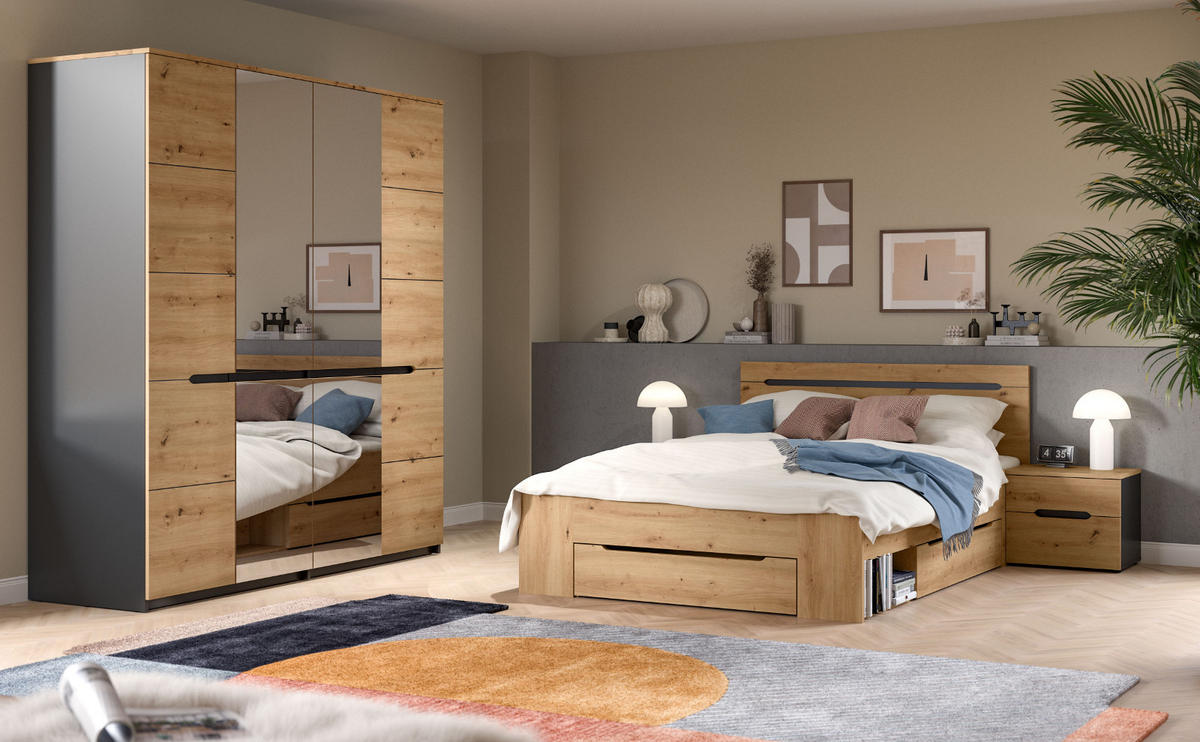 SCHLAFZIMMER Set 3-teilig Eiche Artisan, grau, Kombination mit Bett 140 x 200 cm und 2x Nachttisch - Eiche Artisan/Grau, Holzwerkstoff/Metall - Inn.Furn