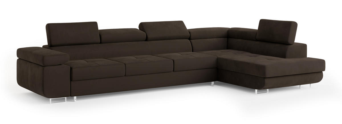 ECKSOFA VICENTE Braun Velours-Stoff mit Schlaffunktion - Braun, Holz (346/202cm) - MASSENO