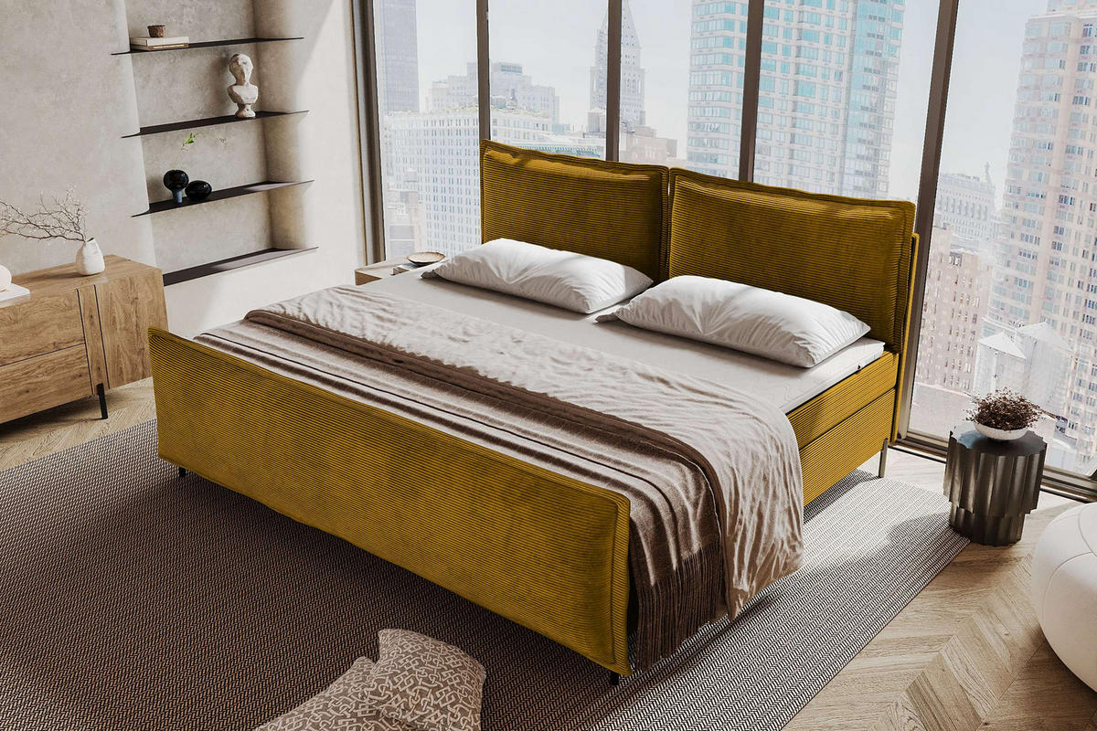 FAMILIENBETT BOXSPRINGBETT VERO PLUS Cordstoff Goldfarben 240/200 cm - Goldfarben/Schwarz, Holzwerkstoff/Textil (240/200cm) - 99rooms