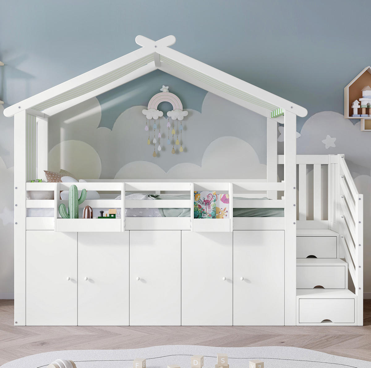 ETAGENBETT 90/200 cm mit Stauraumtreppe, Kleiderschrank, Fallschutz und Dachdesign, Weiß/Grün - Weiß, Holz (90/200cm) - Redom