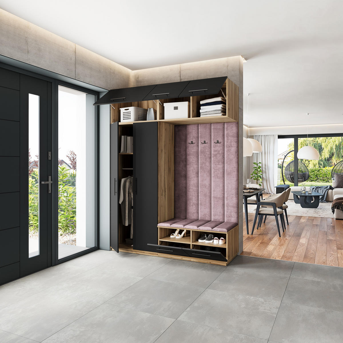 GARDEROBENSCHRANK REMA 180/240/60 cm Modern Garderobe-Set Eiche Wotan - Eiche Wotan/Lila, Holzwerkstoff (180/240/60cm) - MASSENO