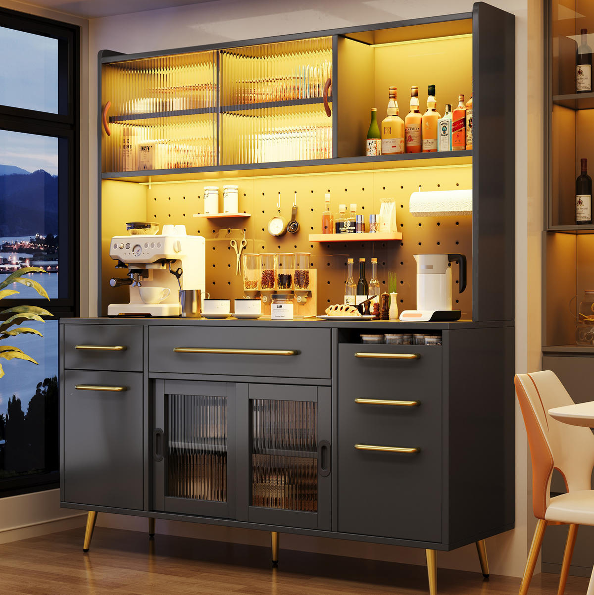SIDEBOARD z MDF a skla, 145/39/171 cm černý, s LED osvětlením - černá, kompozitní dřevo (145/171/39cm) - Modenvie
