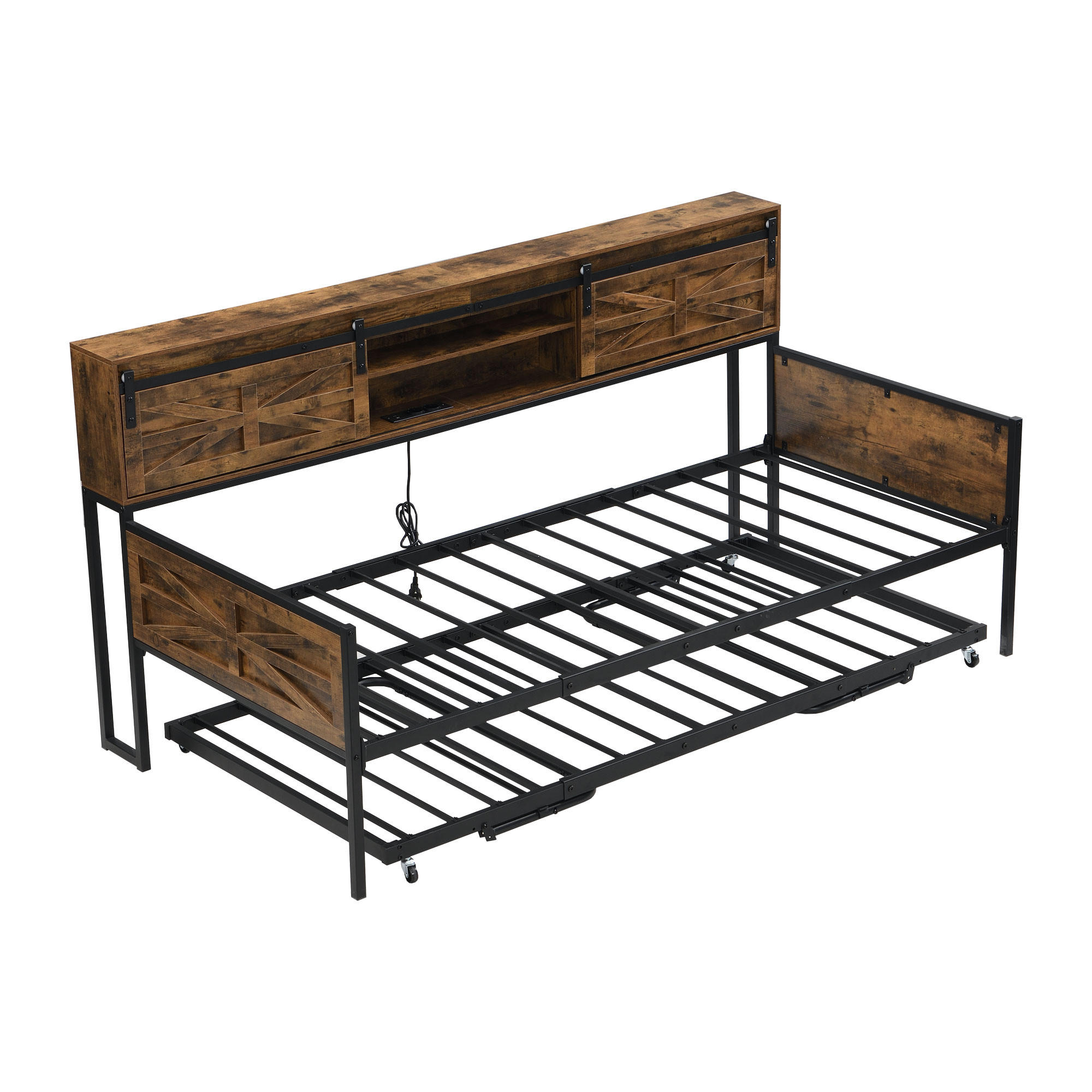 AUSZIEHBETT 90x200cm mit multifunktionalen Steckdosen，Schwarz + Braun - Braun, Holz/Metall (90/200cm) - KOMHTOM