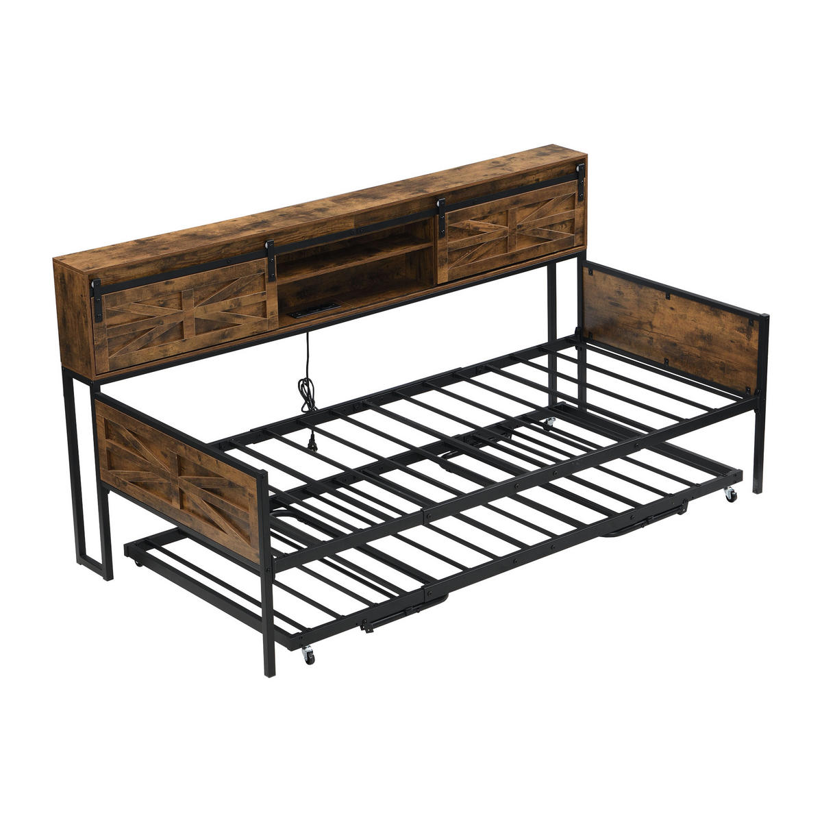 AUSZIEHBETT 90x200cm mit multifunktionalen Steckdosen，Schwarz + Braun - Braun, Holz/Metall (90/200cm) - KOMHTOM