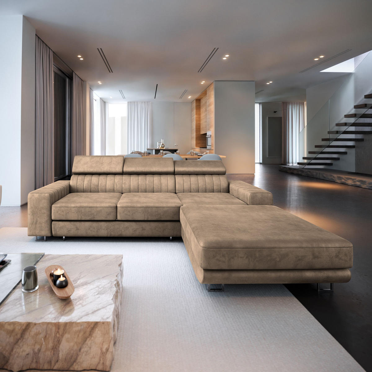 ECKSOFA NOTO L-S Beige Velours-Stoff mit Schlaffunktion - Beige, Holz (267/190cm) - MASSENO