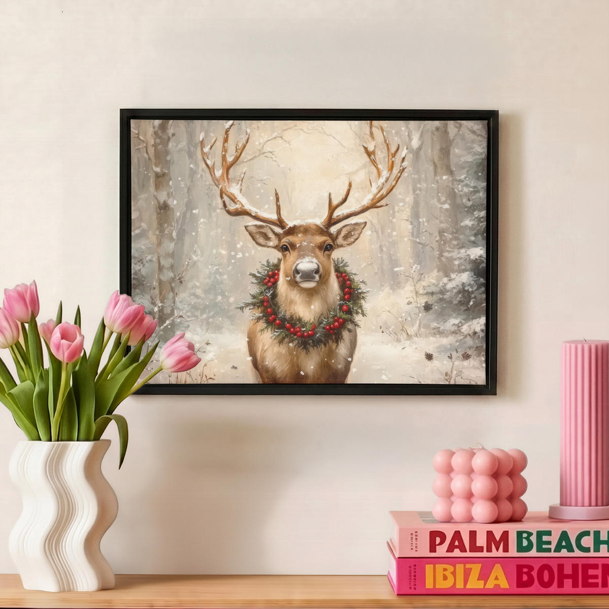 LEINWAND Bilder mit Rahmen - Weihnachten - Rentier - Winter - Kranz - 40x30 - Naturfarben, Textil (40/30cm) - MuchoWow