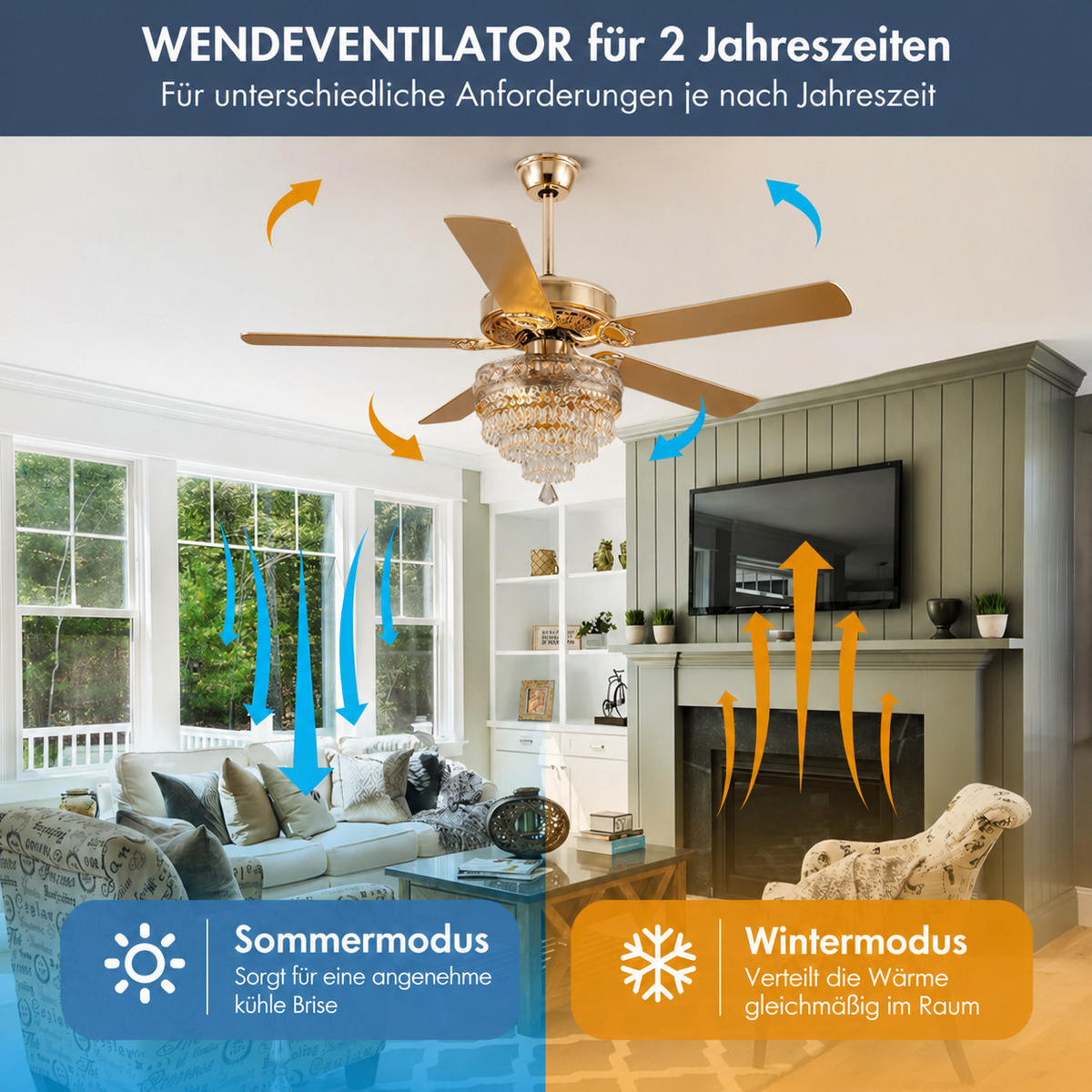 DECKENVENTILATOR Goldfarben 157,5 cm mit Kristallleuchte und Fernbedienung - Goldfarben, Metall (157.5/157.5/62.5cm) - Surtime
