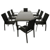 GARTEN-GARNITUR Ashford - 9-teilige Garten-Essgruppe (8x Stapelsessel mit Aluminiumgestell schwarz, Bespannung Textillehne schwarz - Schwarz, Metall - TPFGarden