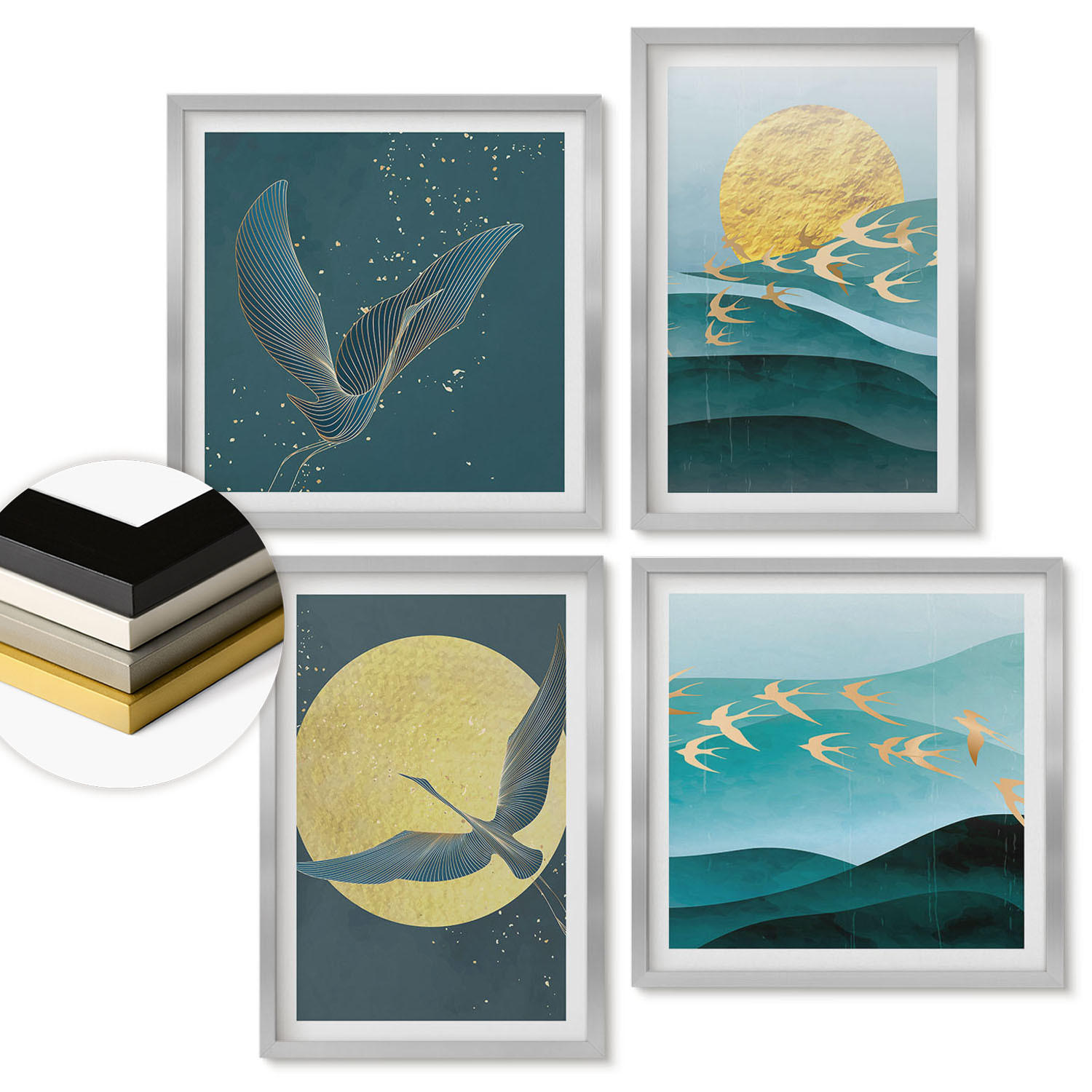 WANDBILDER 4er Set - 50x50 cm & 40x60 cm Silberner Rahmen - Stilvolle Landschaften mit Vögeln - Silberfarben, Kunststoff (50/50cm) - ArtPrintCave