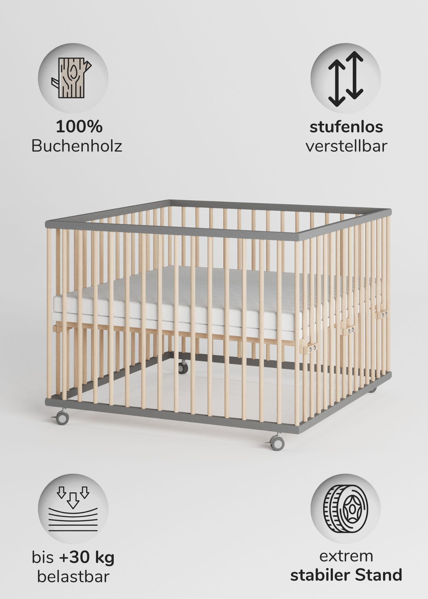 LAUFGITTER 100x100 cm mit Schlupfsprossen - grau/natur mit Matratze - Premium Kollektion - Naturfarben/Grau, Holz (100/74/100cm) - Sämann – make a difference.