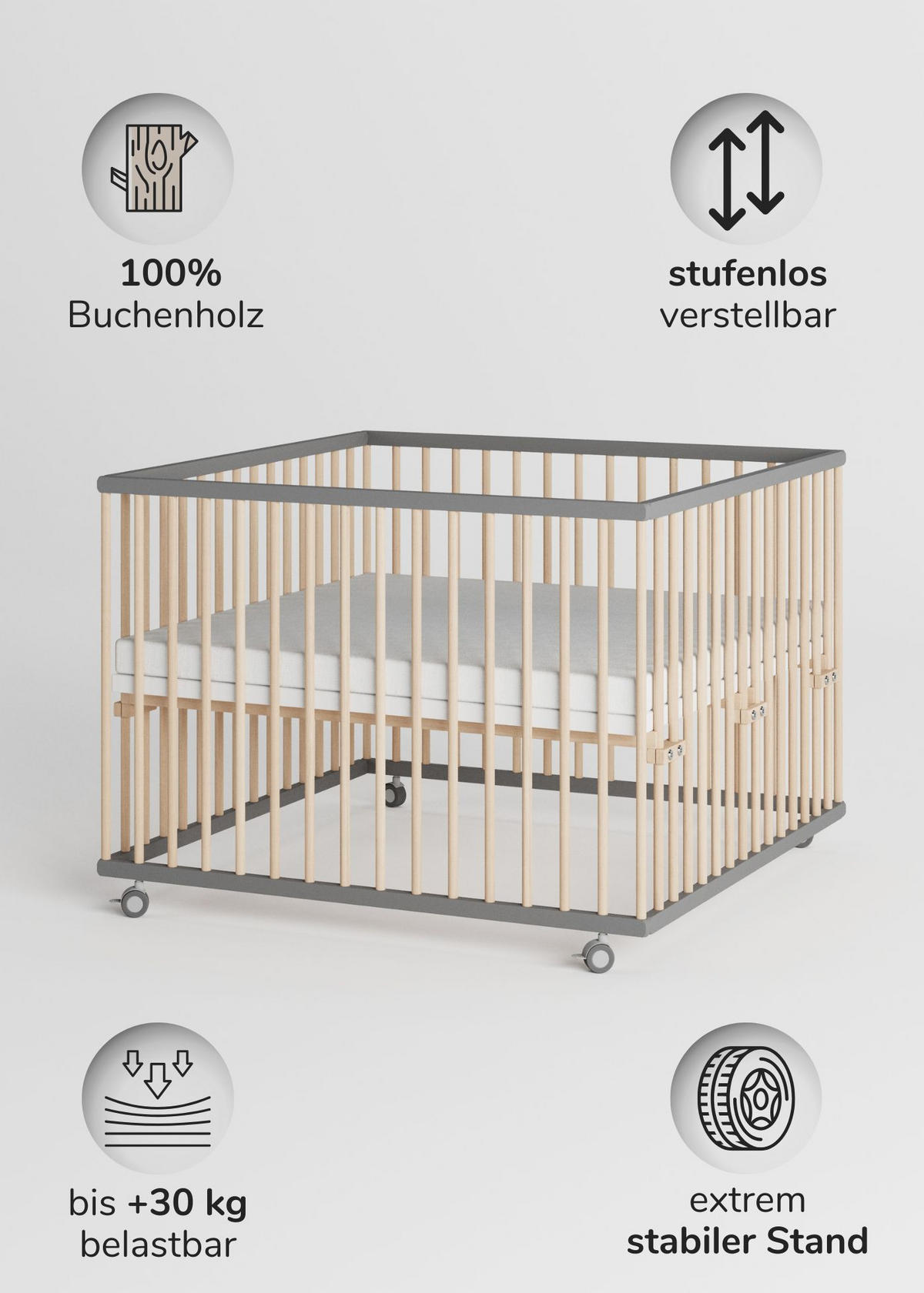 LAUFGITTER 100x100 cm mit Matratze - grau/natur - Premium Kollektion - Naturfarben/Grau, Holz (100/74/100cm) - Sämann – make a difference.