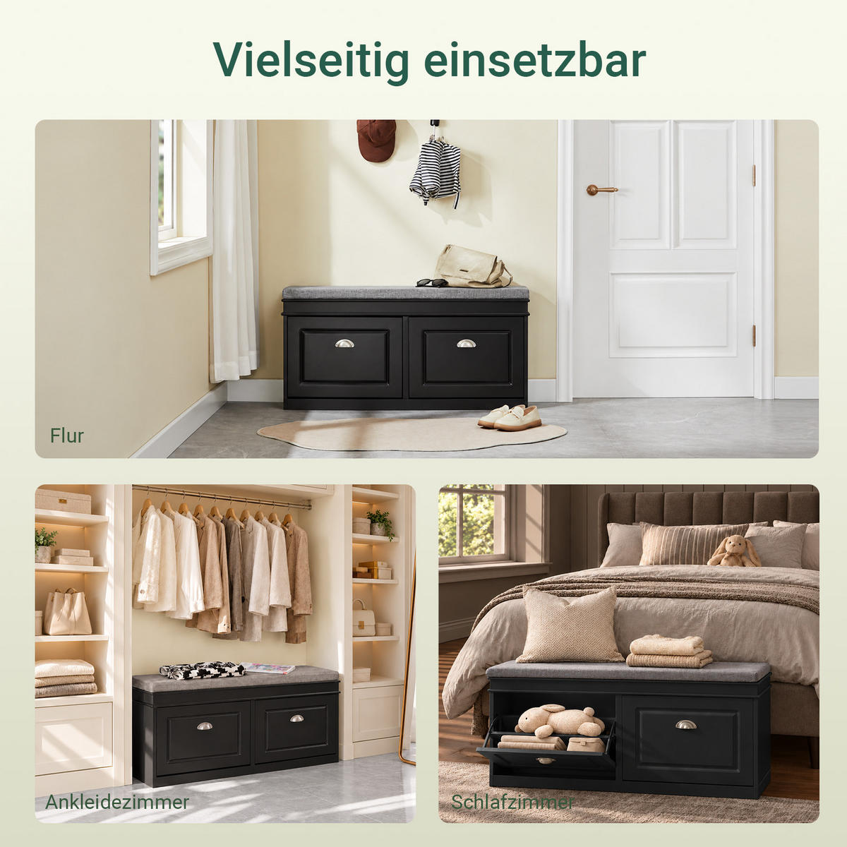 SCHUHBANK schwarz, 104x52x24 cm, Sitzpolster, 2 Klappen für 8 Paar, bis 150 kg, verstellbare Böden, für Flur & Diele - Schwarz, Holzwerkstoff (104/52/24cm) - SoBuy