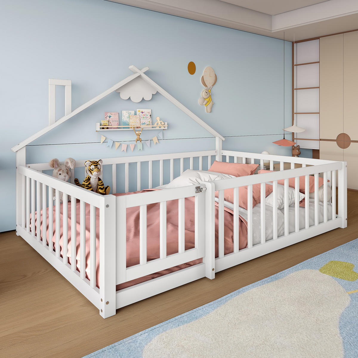 FLACHBETT 140/190 cm Kinderbett mit Geländer aus Kiefernholz in Weiß - Weiß, Holz (140/190cm) - OKWISH