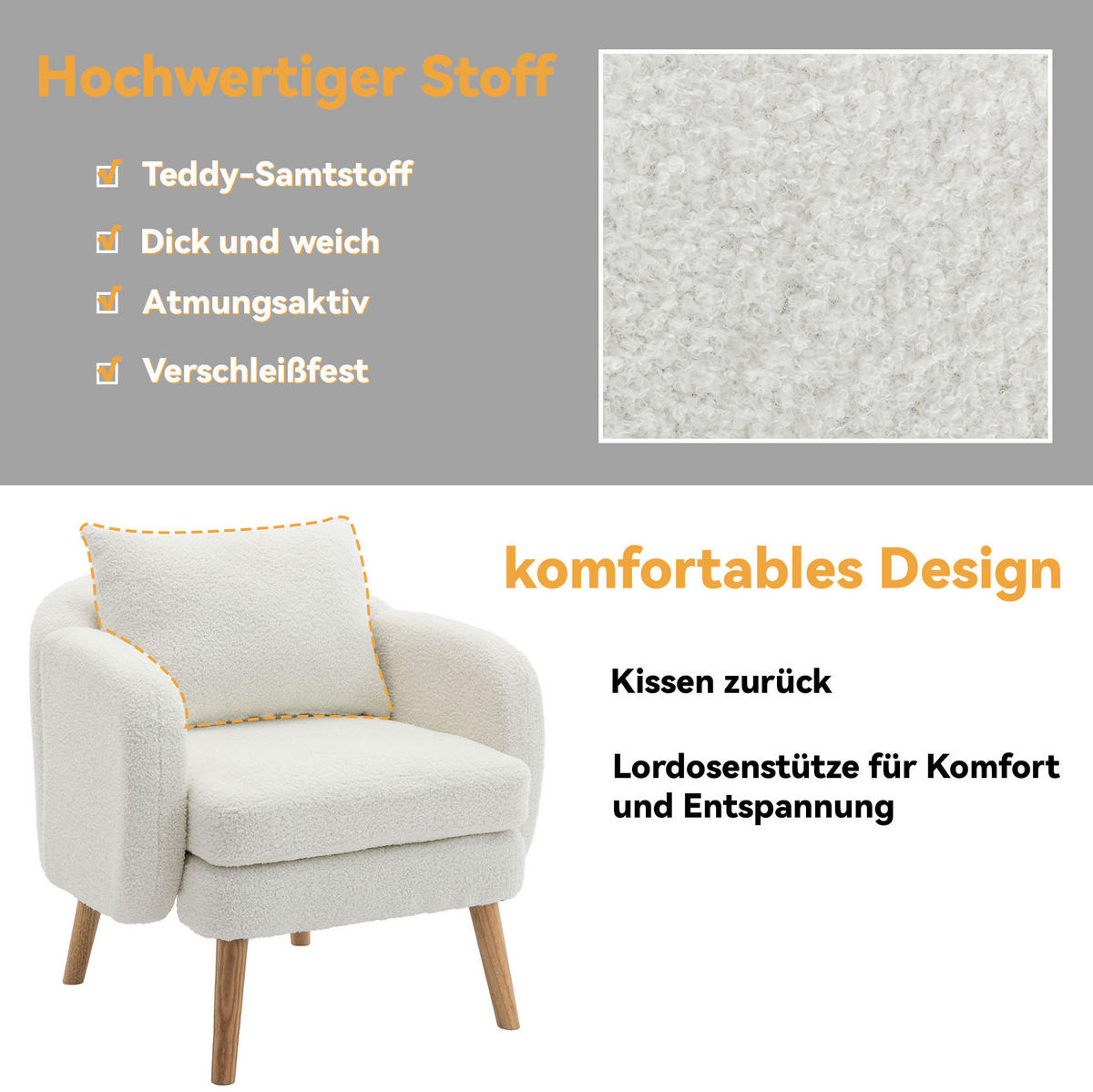 POLSTERSESSEL 71/72/71 cm aus Teddy-Samt in Weiß mit Kissen, bis 150 kg belastbar - Weiß, Textil (72/71/71cm) - BEAOK