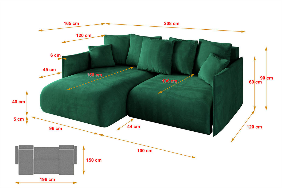 ECKSOFA mit Schlaffunktion und Bettkasten ONESK-L 208x165x40 Dunkelgrün Velours - Dunkelgrün, Holzwerkstoff/Kunststoff (208/165cm) - ALTDECOR