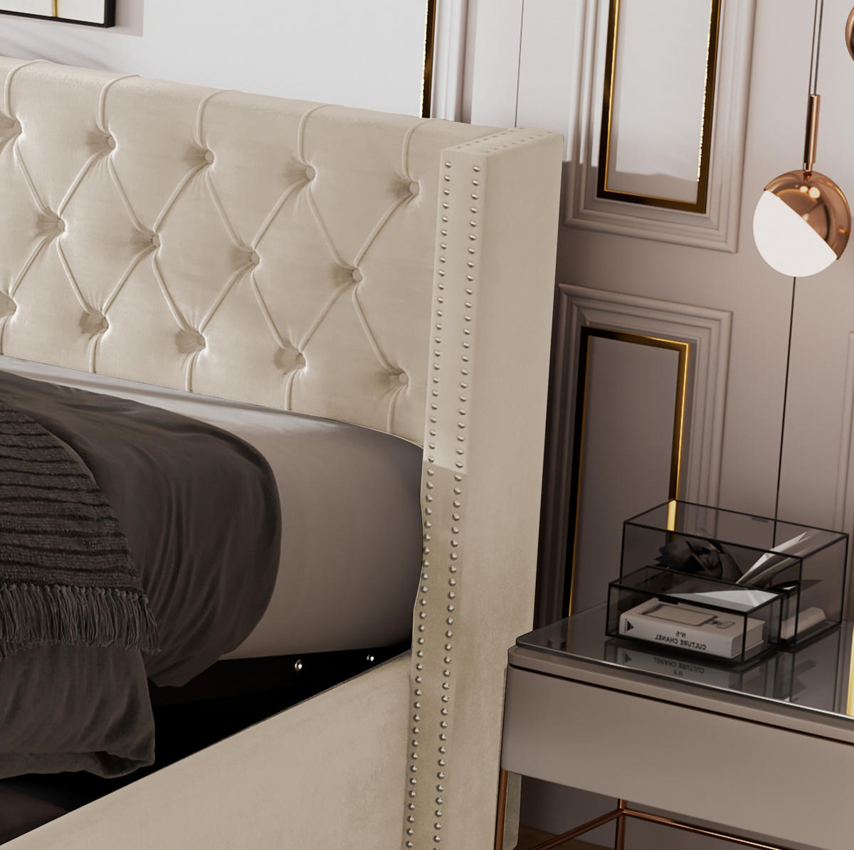 POLSTERBETT 180/200 cm Beige mit hydraulischem Bettkasten und Chesterfield-Design - Beige, Textil (180/200cm) - OKWISH
