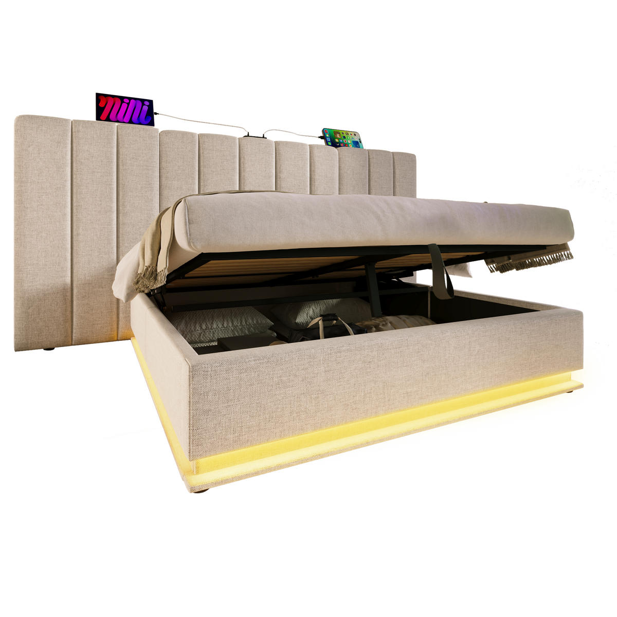 POLSTERBETT 160/200 cm Beige Stauraumbett mit LED-Beleuchtung und USB-C-Ladefunktion - Beige, Textil (160/200cm) - OKWISH