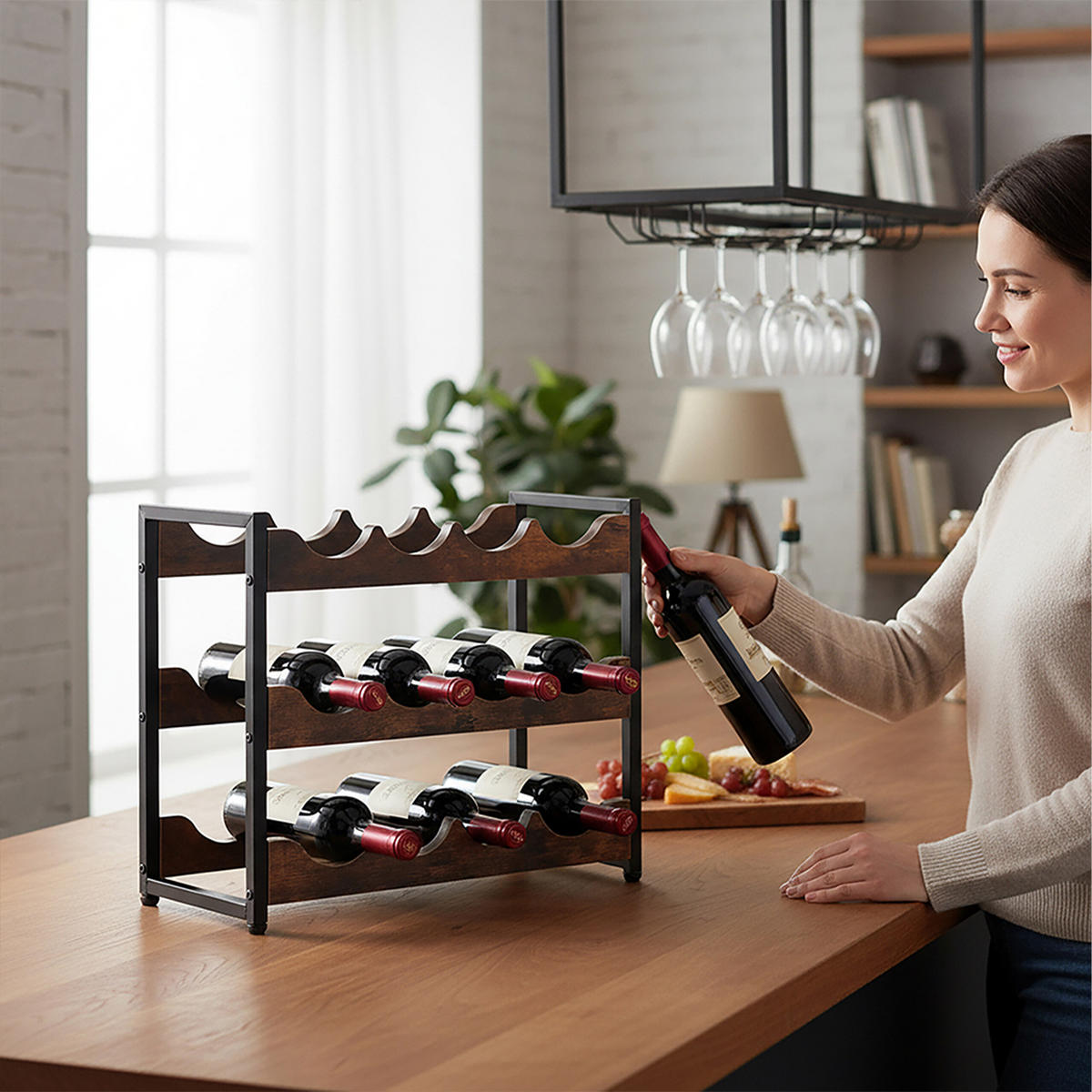 REGÁL vína - hnědá, kov/kompozitní dřevo (44.5/38/20cm) - Relaxdays