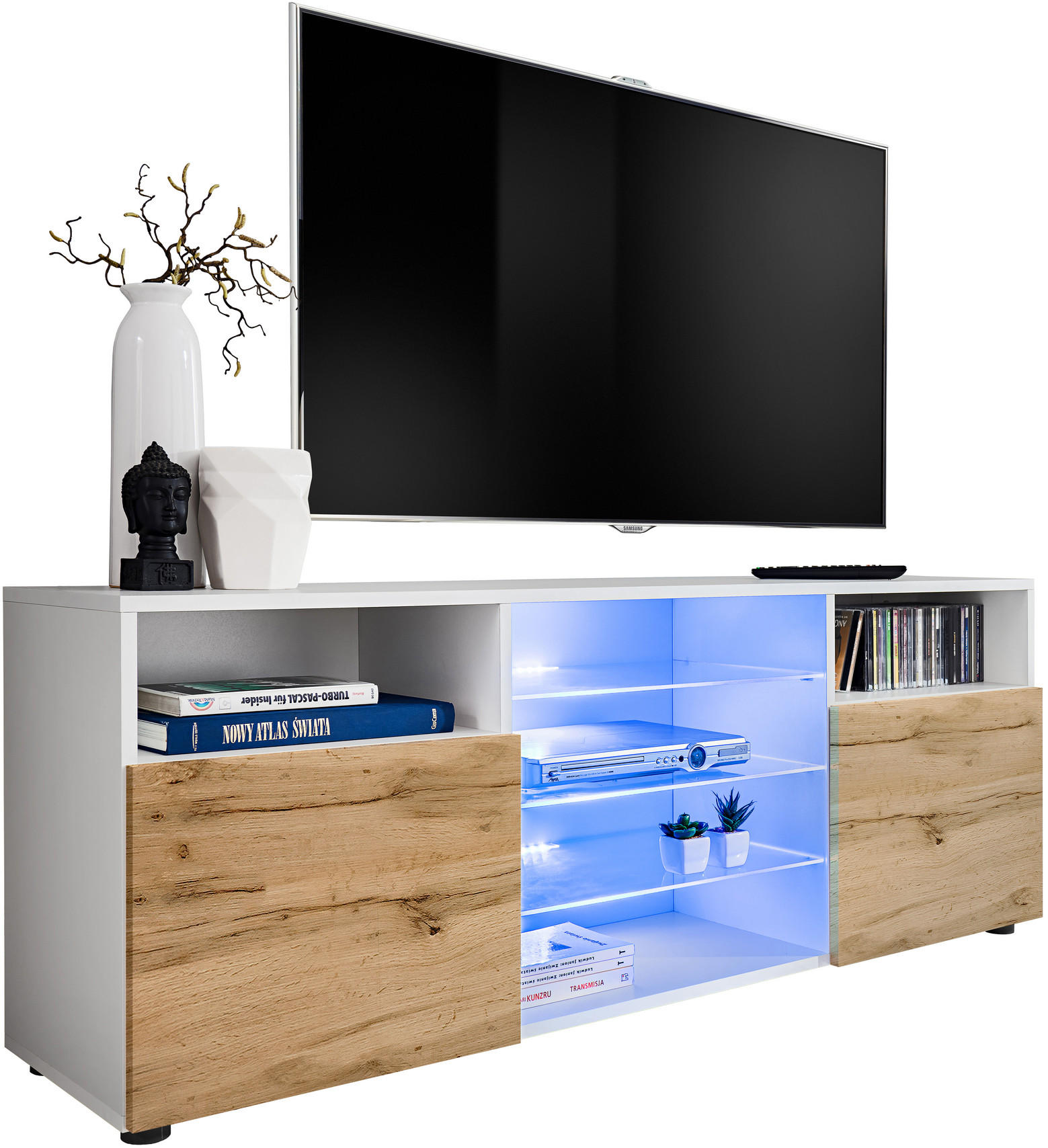 SIDEBOARD TV URBINO Weiß, Blau LED Beleuchtung - Eiche Wotan/Weiß, Glas/Holzwerkstoff (140/53/35cm) - Komodee