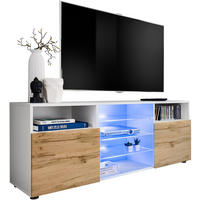 SIDEBOARD TV URBINO Weiß, Blau LED Beleuchtung - Eiche Wotan/Weiß, Glas/Holzwerkstoff (140/53/35cm) - Komodee